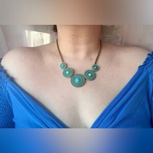 Turquoise Statement Bib Necklace | Gold Tone | 18 “ + 3 “ Extender